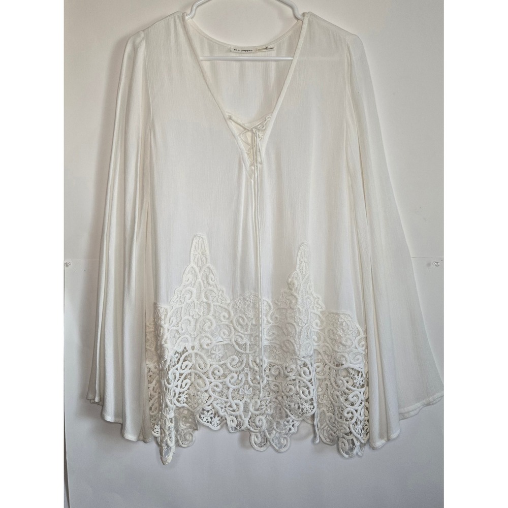 Blu Pepper White Boho Lace Up Bell Sleeve Crochet Trim Blouse BA3491 Small